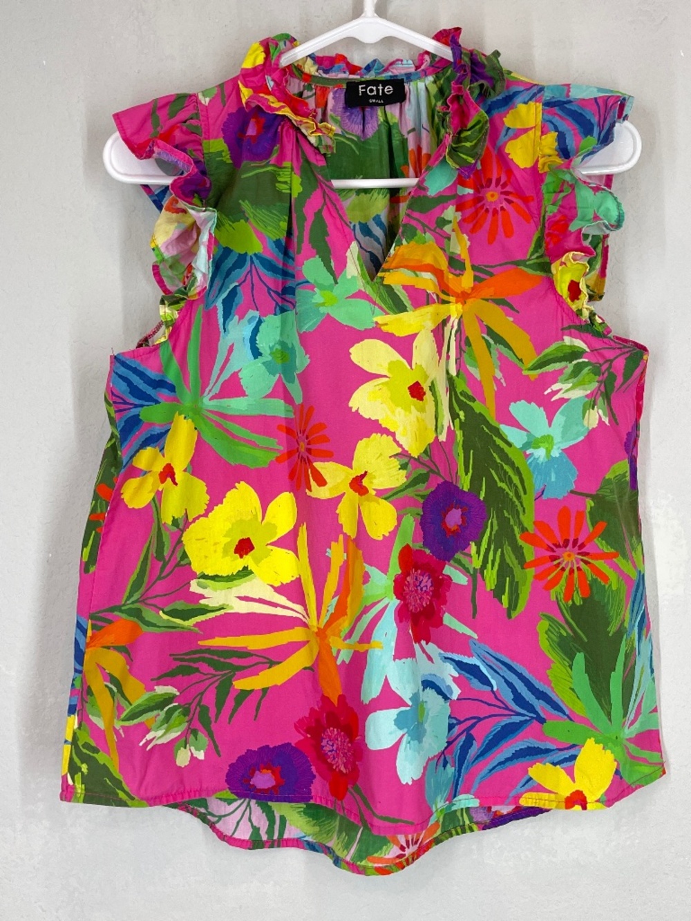 Fate Top Women's Size Small Floral Sleeveless Ruffle Vibrant Color Cotton